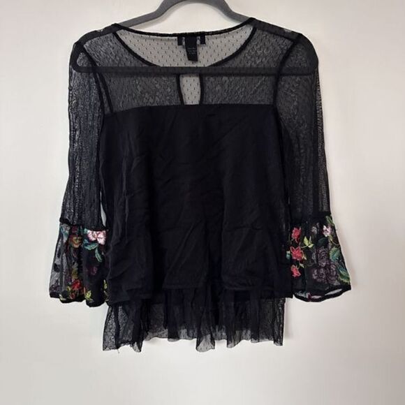 A. Byer Boho Black Sheer Embroidered Bell Sleeve Top  S - Picture 5 of 13